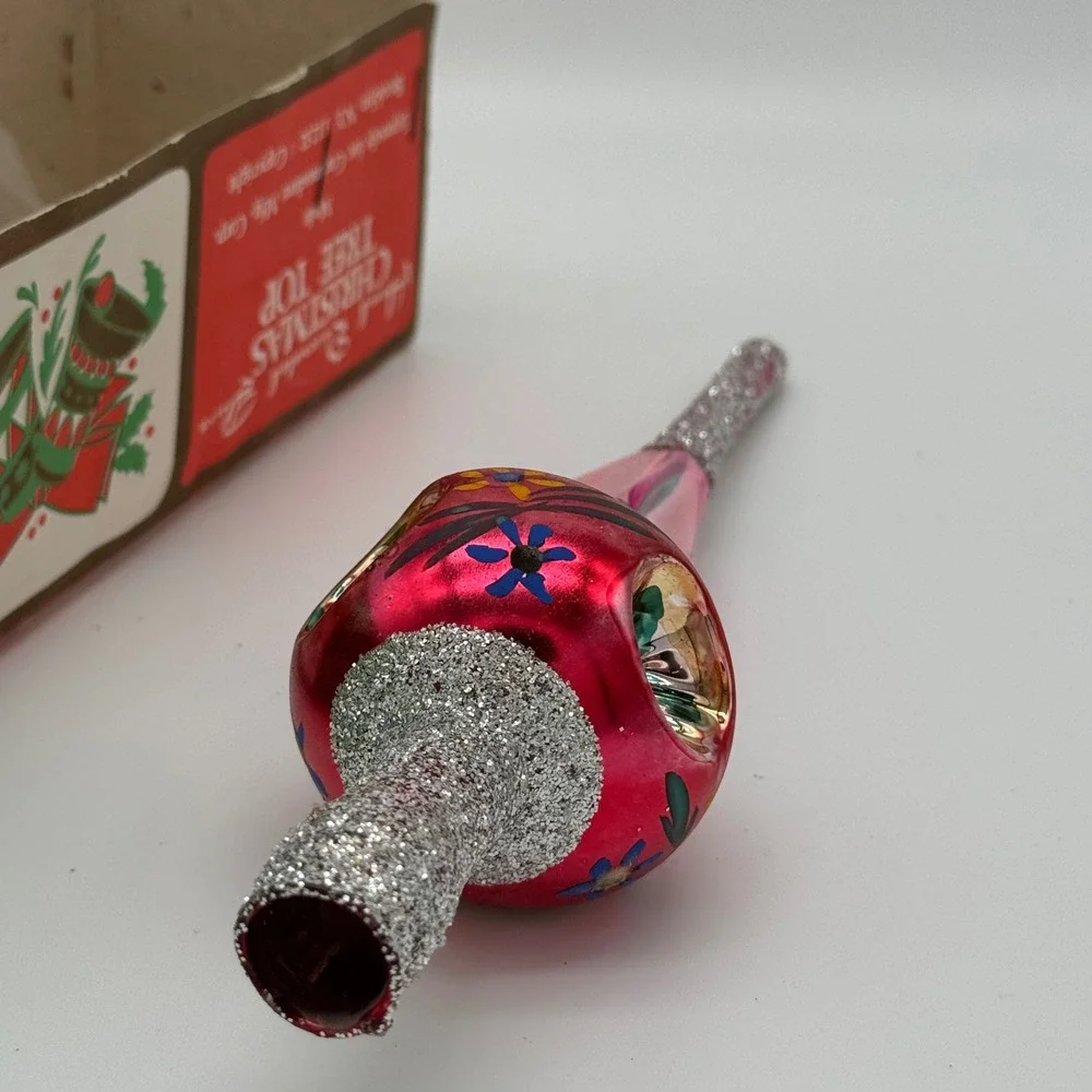 Vintage Commodore Glass Christmas Tree Topper Pink Triple Indent Romania  7220